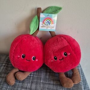 Plush Cherry Toy with Green Leaves
